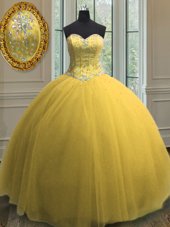 Hot Selling Yellow Ball Gowns Beading and Sequins Quinceanera Gowns Lace Up Tulle Sleeveless Floor Length
