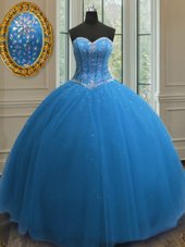 Wonderful Blue Vestidos de Quinceanera Military Ball and Sweet 16 and Quinceanera and For with Beading and Sequins Sweetheart Sleeveless Lace Up