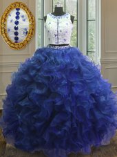 Sumptuous Scoop Clasp Handle Floor Length Royal Blue Quince Ball Gowns Organza Sleeveless Appliques and Ruffles