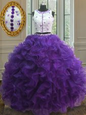 Fantastic Scoop Purple Ball Gowns Appliques Sweet 16 Dress Clasp Handle Organza Sleeveless Floor Length