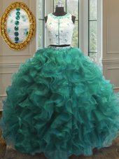 Chic Scoop Turquoise Organza Clasp Handle Quinceanera Gown Sleeveless Floor Length Appliques and Ruffles