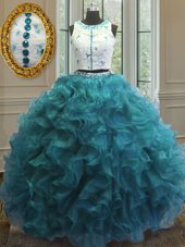 Beautiful Scoop Teal Clasp Handle 15 Quinceanera Dress Beading and Ruffles Sleeveless Floor Length