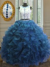 Discount Blue Ball Gowns Organza Scoop Sleeveless Beading and Lace and Ruffles Floor Length Clasp Handle 15 Quinceanera Dress