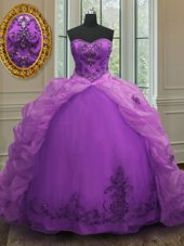 Beauteous Purple Organza Lace Up Vestidos de Quinceanera Sleeveless With Train Court Train Beading and Appliques and Pick Ups