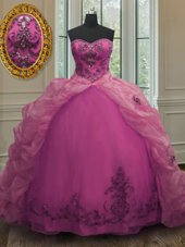 Ideal With Train Fuchsia Quinceanera Gowns Organza Court Train Sleeveless Beading and Appliques and Pick Ups