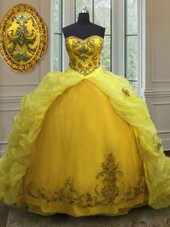 High Class Light Yellow Sleeveless Court Train Beading and Appliques and Pick Ups With Train Ball Gown Prom Dress