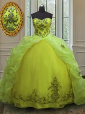 Excellent Yellow Green Lace Up Sweet 16 Quinceanera Dress Beading and Appliques and Pick Ups Sleeveless With Train Court Train