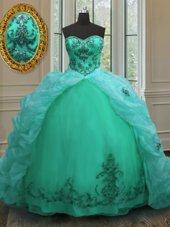 Glamorous Sleeveless With Train Beading and Appliques and Pick Ups Lace Up Vestidos de Quinceanera with Turquoise Court Train