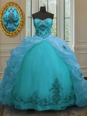 Latest Sleeveless Court Train Beading and Appliques and Pick Ups Lace Up Quinceanera Gowns