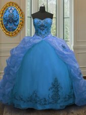 Traditional Pick Ups Court Train Ball Gowns Quinceanera Gown Blue Sweetheart Organza Sleeveless With Train Lace Up