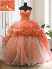 Fantastic Ruffled With Train Ball Gowns Sleeveless Orange Sweet 16 Dress Sweep Train Lace Up
