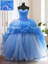 Admirable Sleeveless Sweep Train Lace Up With Train Beading and Ruffled Layers 15 Quinceanera Dress