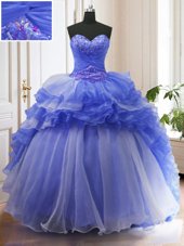 Hot Selling Ruffled Sweetheart Sleeveless Court Train Lace Up Quinceanera Dresses Blue Organza