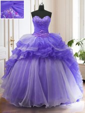 Custom Fit Sleeveless With Train Beading and Ruffled Layers Lace Up Ball Gown Prom Dress with Purple Sweep Train