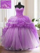 High Quality Purple Organza Lace Up 15 Quinceanera Dress Sleeveless Sweep Train Beading and Ruffled Layers