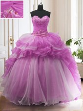Custom Design Lilac Sweetheart Lace Up Beading and Ruffled Layers Vestidos de Quinceanera Sweep Train Sleeveless