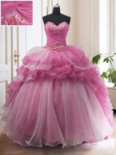 Sumptuous Sweetheart Sleeveless Quinceanera Gown With Train Sweep Train Beading and Ruffled Layers Lilac Organza