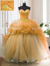 Sexy With Train Orange Ball Gown Prom Dress Organza Sweep Train Sleeveless Beading and Ruffled Layers