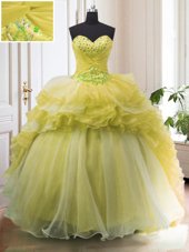 Custom Designed Light Yellow Ball Gowns Beading and Ruffled Layers Sweet 16 Quinceanera Dress Lace Up Organza Sleeveless With Train