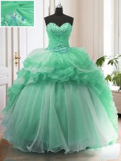 Customized Apple Green Lace Up Sweetheart Beading Quinceanera Gown Organza Sleeveless Sweep Train
