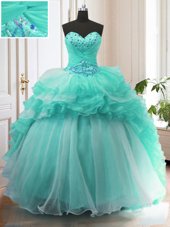 Extravagant Turquoise Ball Gowns Beading and Ruffles 15th Birthday Dress Lace Up Organza Sleeveless With Train