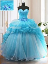 Sweet Beading and Ruffled Layers Quince Ball Gowns Baby Blue Lace Up Sleeveless Sweep Train