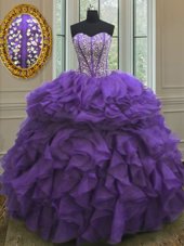Exceptional Organza Sweetheart Sleeveless Lace Up Beading and Ruffles Sweet 16 Quinceanera Dress in Eggplant Purple