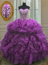 Charming Purple Ball Gowns Organza Sweetheart Sleeveless Beading and Ruffles Floor Length Lace Up Quinceanera Dresses