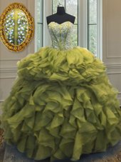 Dramatic Beading and Ruffles Sweet 16 Dresses Olive Green Lace Up Sleeveless Floor Length