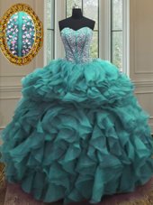 High Quality Turquoise Ball Gowns Beading and Ruffles Ball Gown Prom Dress Lace Up Organza Sleeveless Floor Length