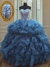 Fantastic Organza Sweetheart Sleeveless Lace Up Beading and Ruffles 15th Birthday Dress in Teal