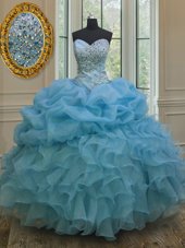 Inexpensive Baby Blue Sleeveless Beading and Ruffles and Pick Ups Floor Length Sweet 16 Dress