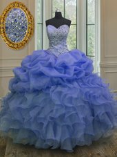 Superior Floor Length Blue Quinceanera Dress Organza Sleeveless Beading and Ruffles and Pick Ups