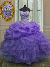 Fabulous Sleeveless Organza Floor Length Lace Up Quinceanera Gowns in Lavender for with Beading and Ruffles and Pick Ups