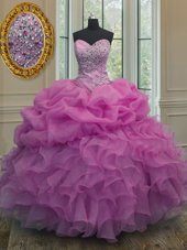 Modest Lilac Sweet 16 Quinceanera Dress Military Ball and Sweet 16 and Quinceanera and For with Beading and Ruffles and Pick Ups Sweetheart Sleeveless Lace Up