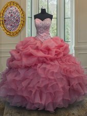 Trendy Pick Ups Sweetheart Sleeveless Lace Up Sweet 16 Dresses Pink Organza