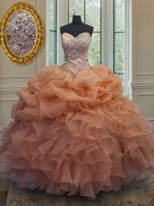 Custom Design Floor Length Lace Up Quince Ball Gowns Orange and In for Military Ball and Sweet 16 and Quinceanera with Beading and Ruffles and Pick Ups