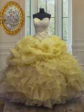New Arrival Pick Ups Floor Length Yellow Quinceanera Dress Sweetheart Sleeveless Lace Up