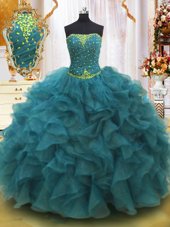 Adorable Floor Length Teal Sweet 16 Dress Strapless Sleeveless Lace Up