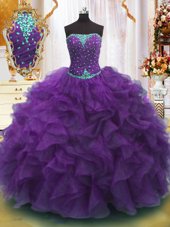 Purple Ball Gowns Beading and Ruffles Sweet 16 Dresses Lace Up Organza Sleeveless Floor Length