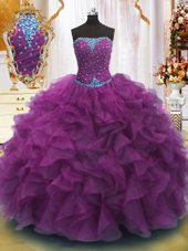 Stunning Organza Sleeveless Floor Length Quince Ball Gowns and Beading and Ruffles