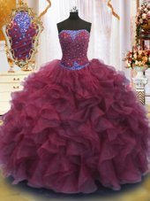 Chic Beading and Ruffles Quinceanera Gown Burgundy Lace Up Sleeveless Floor Length