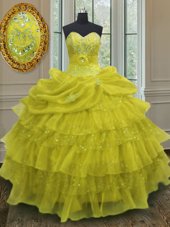 Romantic Sleeveless Floor Length Beading and Ruffled Layers and Pick Ups Lace Up Ball Gown Prom Dress with Yellow