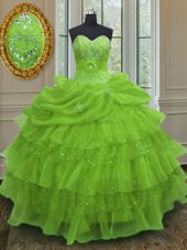 Romantic Sleeveless Organza Floor Length Lace Up Sweet 16 Quinceanera Dress in Yellow Green for with Beading and Ruffled Layers and Pick Ups