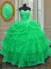 High Quality Green Organza Lace Up Halter Top Sleeveless Floor Length Quinceanera Dress Beading and Ruffled Layers and Pick Ups