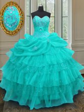 On Sale Aqua Blue Lace Up Sweetheart Beading and Ruffled Layers and Pick Ups Sweet 16 Dress Organza Sleeveless
