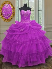 Adorable Halter Top Sleeveless Floor Length Beading and Ruffled Layers and Pick Ups Lace Up Vestidos de Quinceanera with Purple