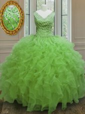 Fancy Organza V-neck Sleeveless Zipper Beading and Ruffles Ball Gown Prom Dress in Yellow Green
