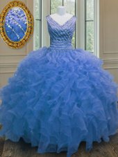 Simple Blue Sleeveless Organza Zipper Quince Ball Gowns for Military Ball and Sweet 16 and Quinceanera