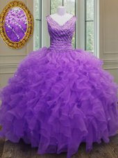New Style Floor Length Zipper Sweet 16 Dress Purple and In for Military Ball and Sweet 16 and Quinceanera with Beading and Ruffles